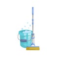 Cartoon house and apartment cleaning service icon. Modern plastic blue dry mop with handle and green bucket with washing liquid.