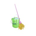 Cartoon house and apartment cleaning service icon. Old dry mop with handle and green plastic bucket with bubbles.