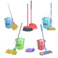 Cartoon house and apartment cleaning service icon set. Mops with bucket with washing liquid. Modern plastic dry mop old mop, sque Royalty Free Stock Photo