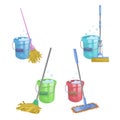 Cartoon house and apartment cleaning service icon set. Mops with bucket with washing liquid. Modern plastic dry mop old mop, sque