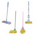 Cartoon house and apartment cleaning service icon set. Old dry mop, squeeze fast dry mop, modern plastic blue dry mop. Royalty Free Stock Photo