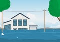 Cartoon House Building and Natural Disaster Card Background. Vector