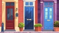 A cartoon house entrance with brick jambs and windows. Modern illustration set of a closed wooden colorful doorway with