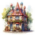 Cartoon house with flowers and candies. Watercolor cartoon illustration