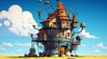 Cartoon House With Intricate Details And Impressive Skies