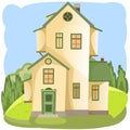Cartoon house in the meadow. Summer. Beautiful view. Cozy rustic dwelling in a traditional European style. Rural