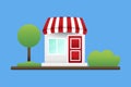 Cartoon house with a pavilion roof. House with nature.Vector illustration. Stock image.