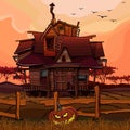 Cartoon house at sunset with a Halloween pumpkin next to the fence