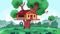 Cartoon house on tree. Summer background with cozy kids playground. Shed with door windows roof and ladder. Building on branches.