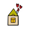 Cartoon house with window. Smoke in shape of hearts is coming out of chimney. Cozy family nest with love. Vector