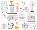 Cartoon household appliances flat icons set. Electrical steel kitchen utensil. Microwave oven, toaster, fridge Royalty Free Stock Photo