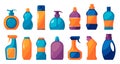 Cartoon household chemicals. Cleaning products container with liquid, spray and powder, home care chemical and