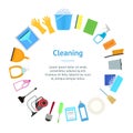 Cartoon Household Cleaning Banner Card Circle. Vector