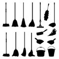 Cartoon household equipment set. A broom sweeps dust and dirt on scoop. mop or swab, feather duster, plastic bucket