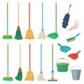 Cartoon household equipment set. A broom sweeps dust and dirt on scoop. mop or swab, feather duster, plastic bucket