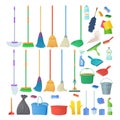 Cartoon household equipment set. A broom sweeps dust and dirt on scoop. mop or swab, feather duster, plastic bucket Royalty Free Stock Photo