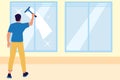 Cartoon housekeeper. Cleaning service worker. Man cleaner washing window with squeegee. Professional hygiene for home