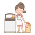 Cartoon housekeeper putting clothes in the washing machine. Royalty Free Stock Photo