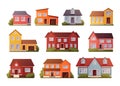 Cartoon houses. Residential buildings exteriors with roofs and doors. Neighborhood front side. Village townhouses set