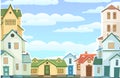 Cartoon houses with sky. Village or town. Frame. A beautiful, cozy country house in a traditional European style. Nice Royalty Free Stock Photo