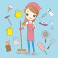 Cartoon housewife do housework cleaning