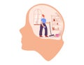 Cartoon housewife woman with mop and rag cleanse room inside giant head vector flat illustration