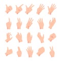 Cartoon human female or male hands poses and gestures. Hand holding, pointing, fist, peace and open palm expression. Arm Royalty Free Stock Photo