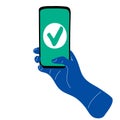 Cartoon human hand holding mobile phone with Check Mark on screen