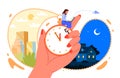 Cartoon human hand holding vintage clock with chain and woman sitting with laptop, night and day city scenes around