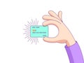 Cartoon human hand keeps and shows bank card. Debit or credit card template with rays