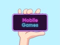 Cartoon human hand keeps and shows touchscreen phone with neon text Mobile Games on the display. Vector illustration