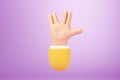 Cartoon human hand showing spock gesture, vulcan salute. Concept symbol, icon. Copy space, 3D illustration, 3D render