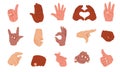 Cartoon human hands. Gestures with pointing fingers clenched fists okay sign handshake forefinger touch, body language