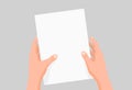 Cartoon human hands hold clear paper sheet template vector graphic illustration