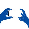 Cartoon human hands holding and pointing horizontal mobile smart phone