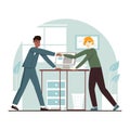 Cartoon human resource manager shaking hands with young man. Interviewing job seeker concept