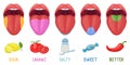 Cartoon human taste areas. Tongue taste receptors, sour, sweet, bitter, salty and umami tastes. Human tongue taste zones