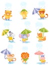Cartoon humanized animals walk in the rain. Vector illustration.