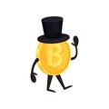 Cartoon humanized bitcoin character with black cylinder hat walking and waving hand. Shiny golden coin. Digital money