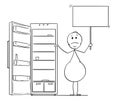 Cartoon of Hungry Obese or Fat Man Holding Empty Sign and Empty Fridge or Refrigerator Royalty Free Stock Photo