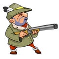 Cartoon hunter in a hat with a feather, holding the gun