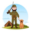 Cartoon hunter with rifle and hunting dog