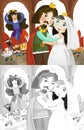 Cartoon husband and wife king and queen in castle illustration Royalty Free Stock Photo