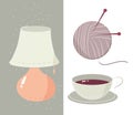 cartoon hygge knitting wool and needles lamp and coffee cup icons set