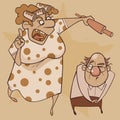 Cartoon hysterical woman in anger swings a rolling pin at her husband