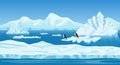 Cartoon ice arctic nature winter landscape with iceberg, snow mountains hills and penguins Royalty Free Stock Photo