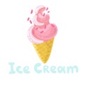 Cartoon ice cream. Colorful ice cream wafer cones and popsicles. Summer sweet food. Pink topping isolated on white