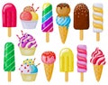 Cartoon ice cream. Delicious ice cream cones, lolly ice, fruit ice and gelato, sundaes tasty summer dessert. Ice cream