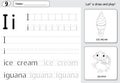 Cartoon ice cream and iguana. Alphabet tracing worksheet: writing A-Z and educational game for kids