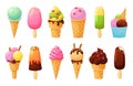 Cartoon ice cream. Tasty fruit ice, sweet summer sundaes in cone and cold delicious gelato vector illustration set Royalty Free Stock Photo